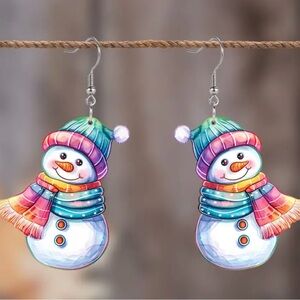Christmas Snowman w Hat & Scarf Acrylic Wintertime Dangle Earrings